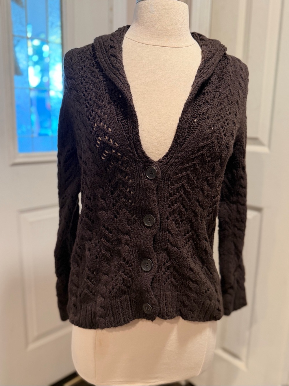 Lands' End chocolate brown big collar Cable Cardigan